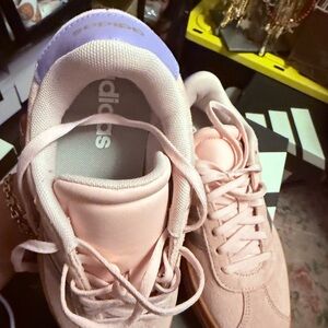 adidas Women’s Pastel Pink Suede Lace-Up Sneakers with Lavender Heel Tab